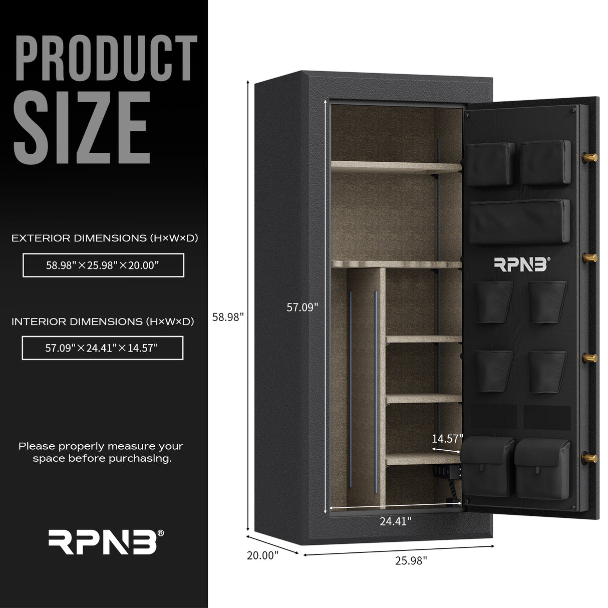 RPNB - RPFS24-B - 24 Gun Large Fireproof Biometric Fingerprint Gun Safe for Pistols and Rifles, Black
