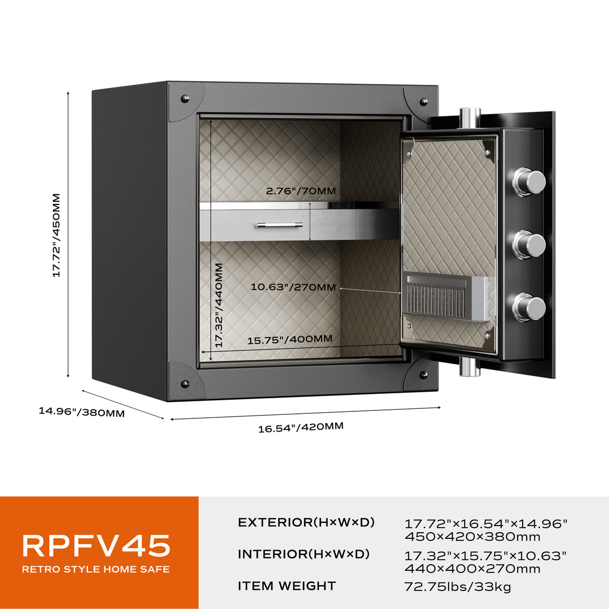 RPNB - RPFV45 - Large Retro Biometric Safe Box with Jewelry Drawer, 1.68 cu.ft.