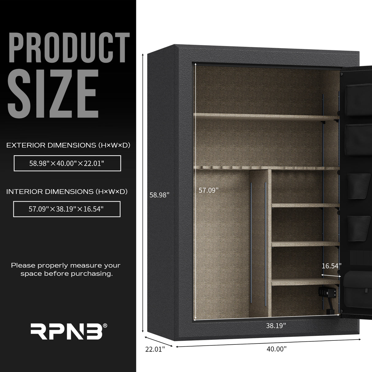 RPNB - RPFS45-B - 45 Gun Large Fireproof Biometric Fingerprint Long Gun Safe for Pistols and Rifles, Black