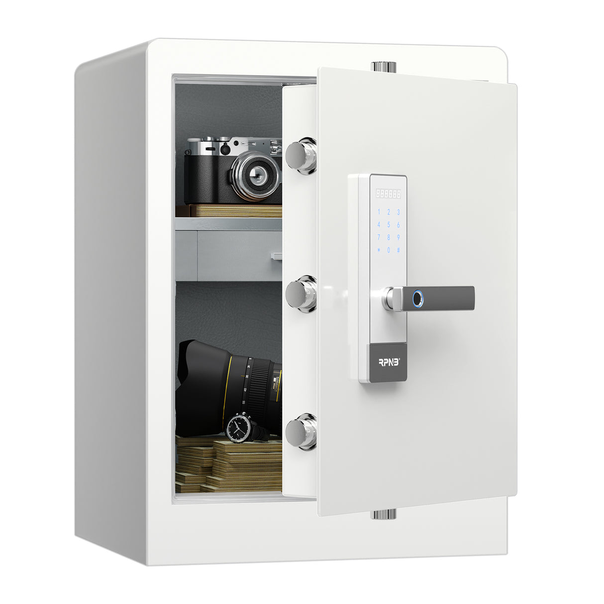RPNB - RPHS60W - White - Fingerprint Home Safe With Touchscreen Keypad, Deluxe Nightstand Safe, 2.8 Cubic Feet