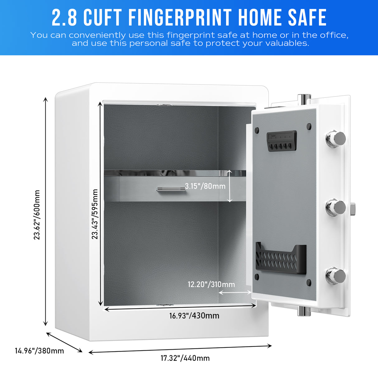 RPNB - RPHS60W - White - Fingerprint Home Safe With Touchscreen Keypad, Deluxe Nightstand Safe, 2.8 Cubic Feet