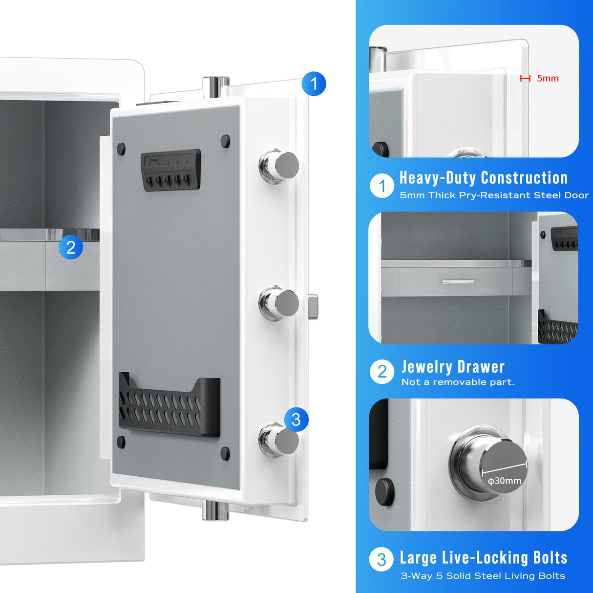 RPNB - RPHS60W - White - Fingerprint Home Safe With Touchscreen Keypad, Deluxe Nightstand Safe, 2.8 Cubic Feet