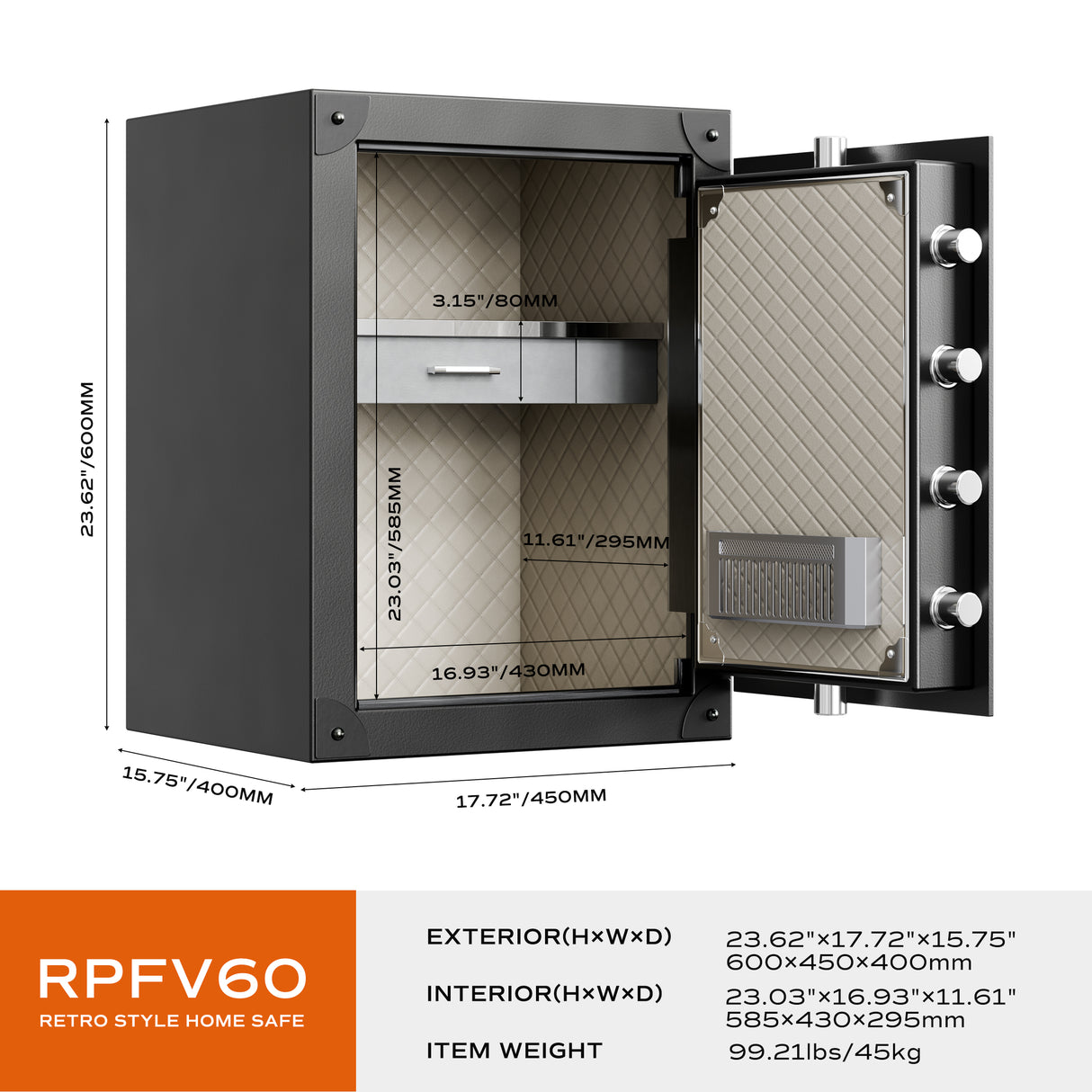 RPNB - RPFV60 - Large Retro Biometric Safe Box with Jewelry Drawer, 2.62 cu. ft.