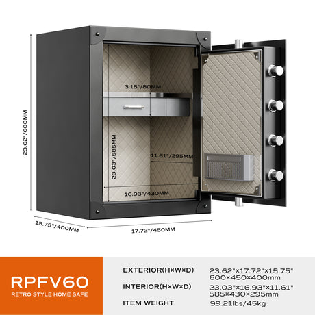 RPNB - RPFV60 - Large Retro Biometric Safe Box with Jewelry Drawer, 2.62 cu. ft.